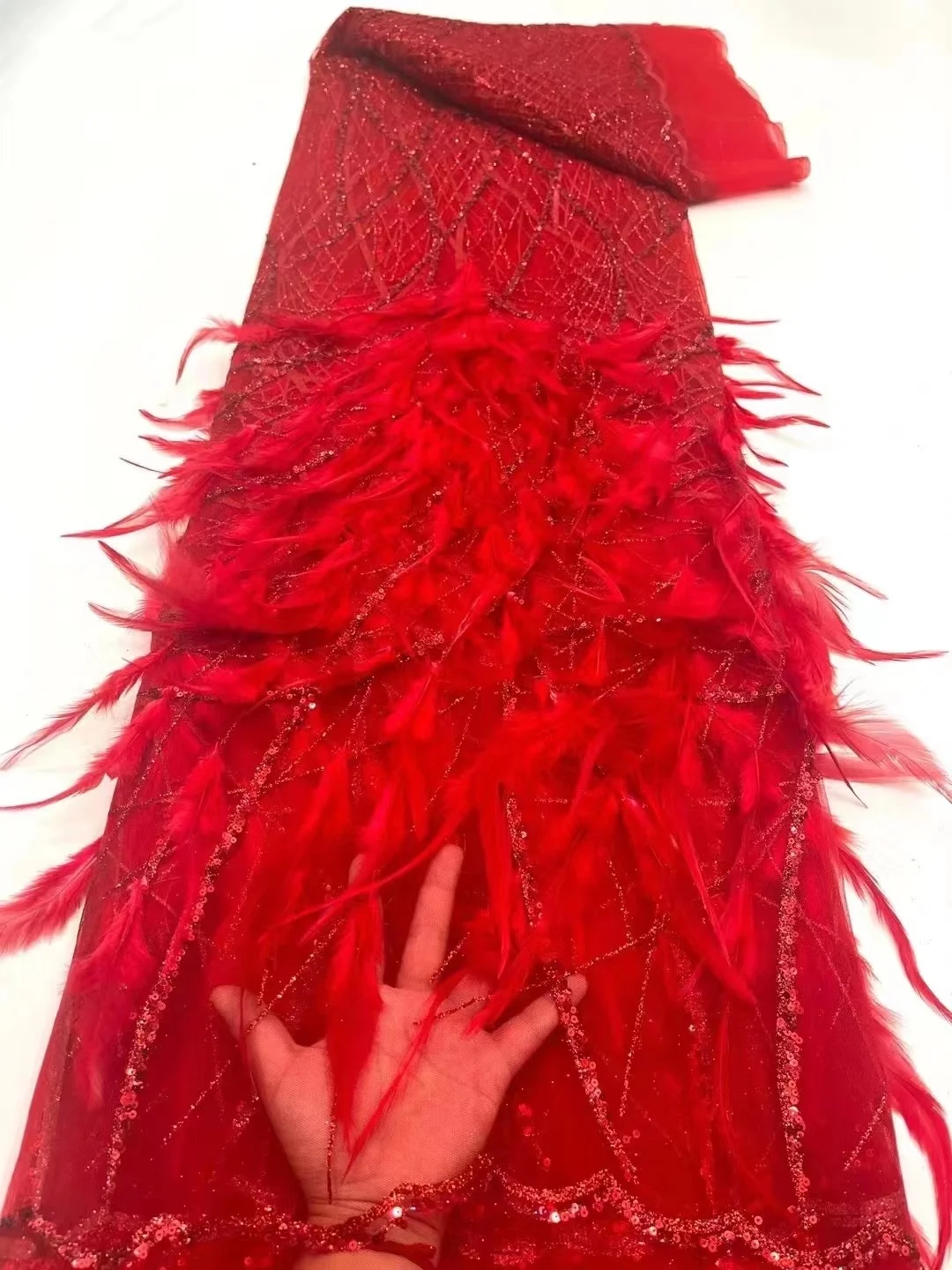 

Red French Tulle Sequin Lace Fabrics 2022 African 3D Embroidery Mesh Lace Fabric With Fluffy Feather For Party Dress