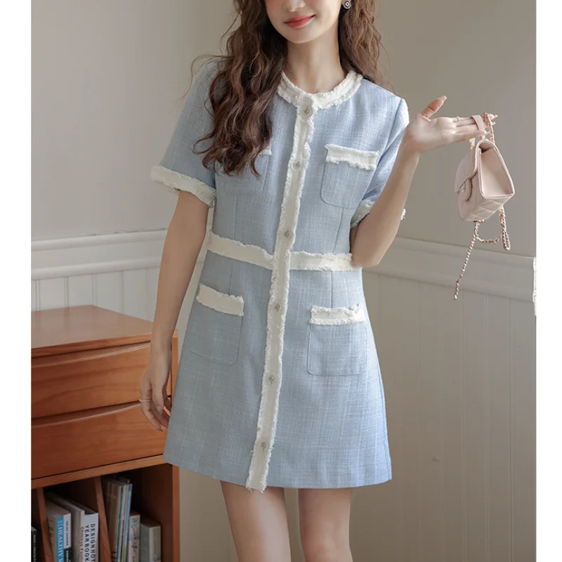 Thin Tweed Round Collar Light Blue Dress Sweet Summer Tassel Chic Small Fragrant French Short Sleeve Chic Mini Dresses Women 3XL