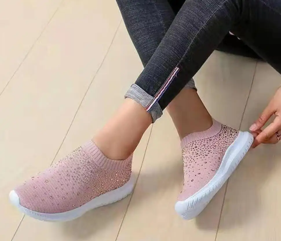 New Women Sneakers Rhinestone elastic socks shoes Mesh Platform  Shoes White Breathable Socofy Casual Shoes Women Flats Shoes