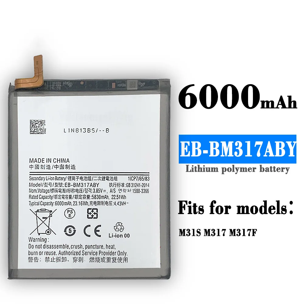 

Rechargeable Orginal EB-BM317ABY 6000mAh Replacement Battery For SAMSUNG Galaxy M31S M317 M317F Phone New Batteries + Free Tools
