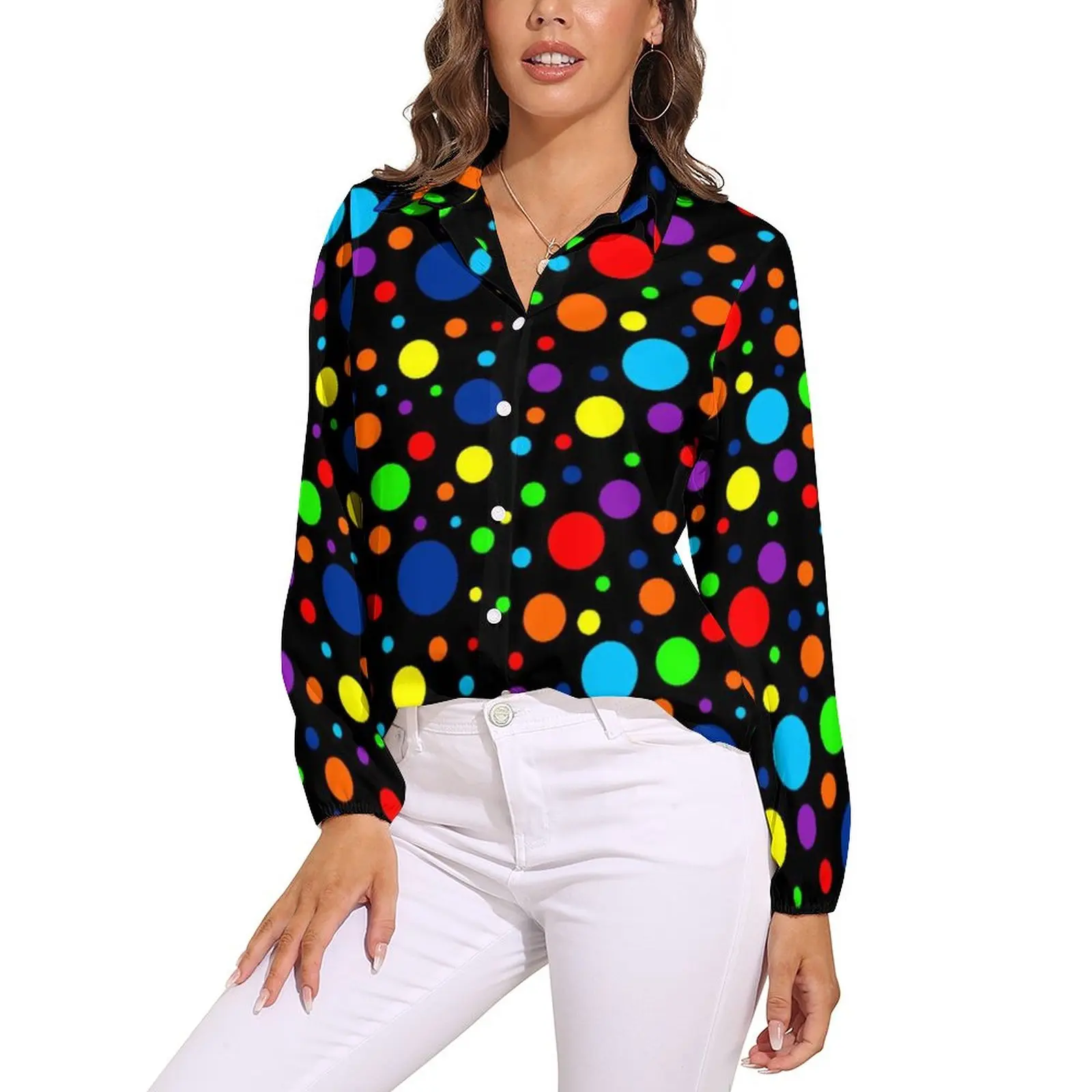 

Vintage 80S Polka Dots Blouse Dark Rainbow Spots Aesthetic Blouses Female Street Wear Oversized Shirt Print Top Birthday Present