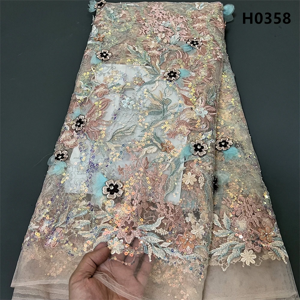 Африканская ручная вышивка тюль 5 ярдов Кружевная Сетка блестки ткань из Дубая с