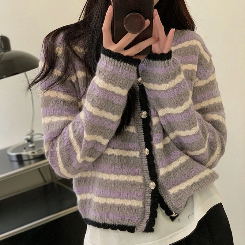 

Autumn Colorblock Striped Woman Cardigan Loose O Neck Long Sleeve Knitted Cardigans Single-breasted Sweater Female Dropshipping