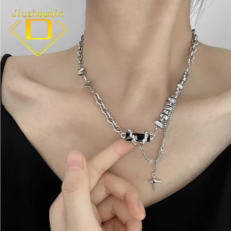 

New Niche Design Winding Black Gemstone Cross Necklace for Women Men Bungee Titanium Steel Clavicle Chain Cool Hip Hop Jewery