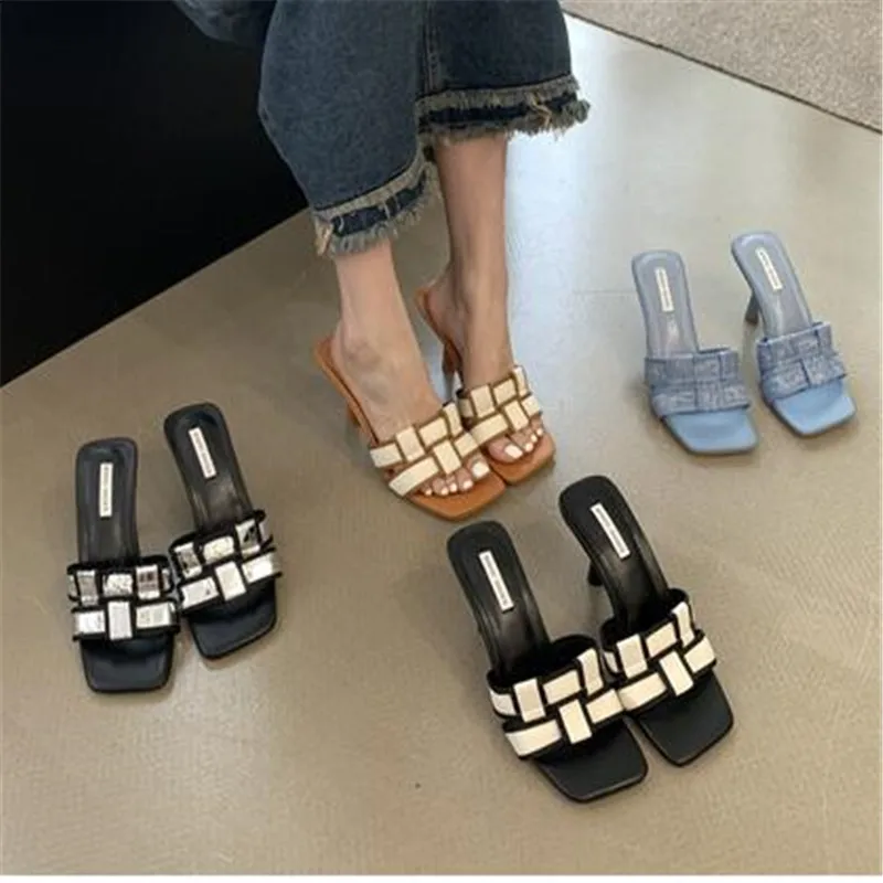 Weave Design Women Slippers Open Toe Summer Dress Shoes Thin High Heels Slides Slippers Party Pumps Wedding Black White 35-39