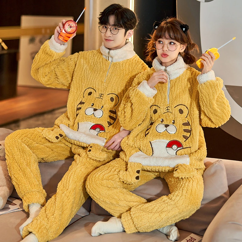 

Winter Couple Pajamas Sets Women's Suit Thickening Animal Tiger Cartoon Men Sleepwear Pyjamas Suit Womens Outfits Pajamas