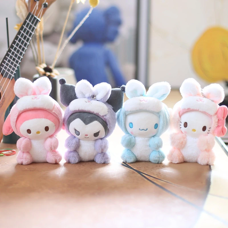 

Sanrio Cinnamoroll Kuromi Melody Pachacco Pom Purin Kawaii Rabbit Doll Plush Key Chain Cute Fluffy Stuffed Toy Backpack Pendant