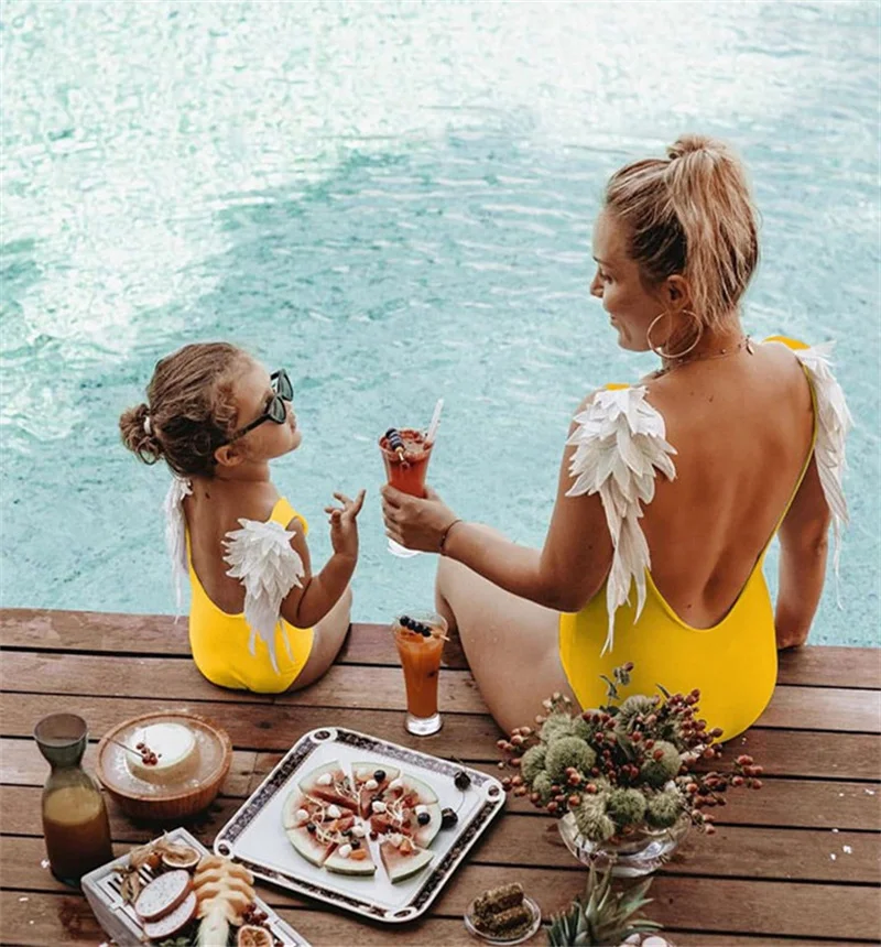 

New Family Matching Swimming Wear Mum & Daughter Sweet Beach Swimwear Suit One-piece Angel Wings Solid Color Swimming Wear