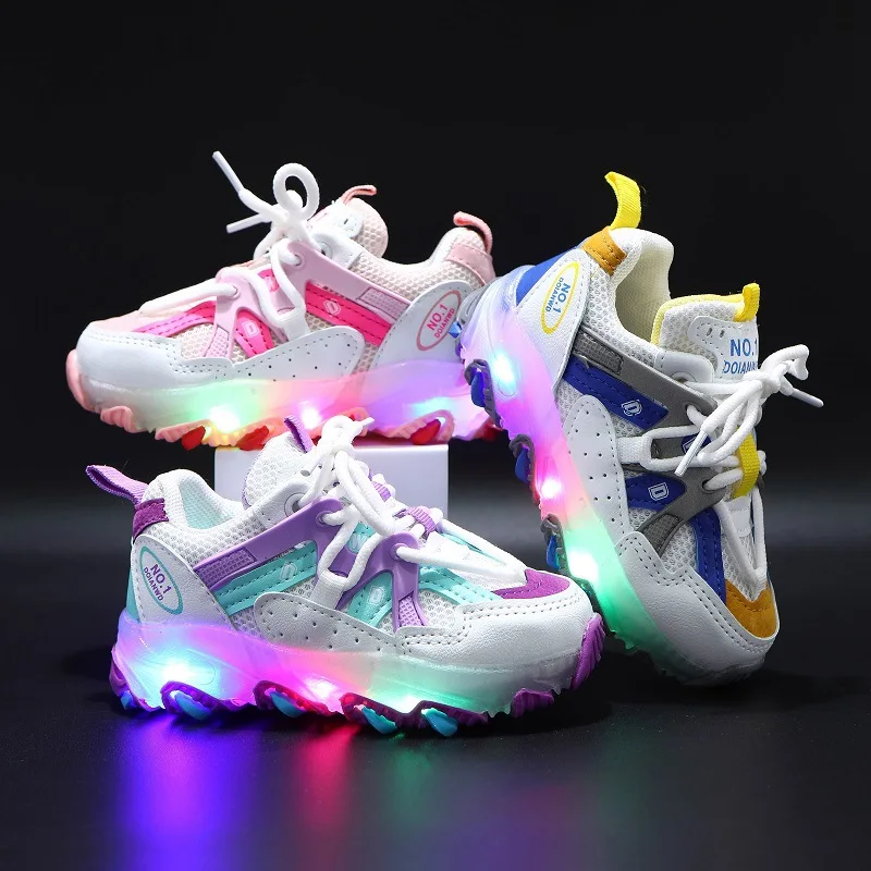 Enlarge Children's LED Trainers Spring and Summer Mesh Breathable Multi-coloured Stitching Casual Shoes for Boys and Girls  Kids Shoes