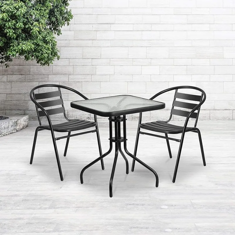 

Flash Furniture Lila 23.5'' Square Glass Metal Table with 2 Black Metal Aluminum Slat Stack Chairs patio furniture outdoor patio