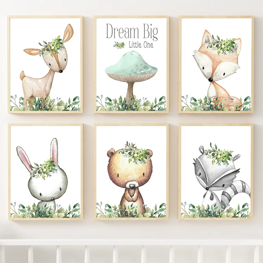 

Animals Bear Rabbit Fox Deer Raccoon Mushroom Wall Art Canvas Painting Nordic Posters And Prints Wall Pictures Kids Room Decor