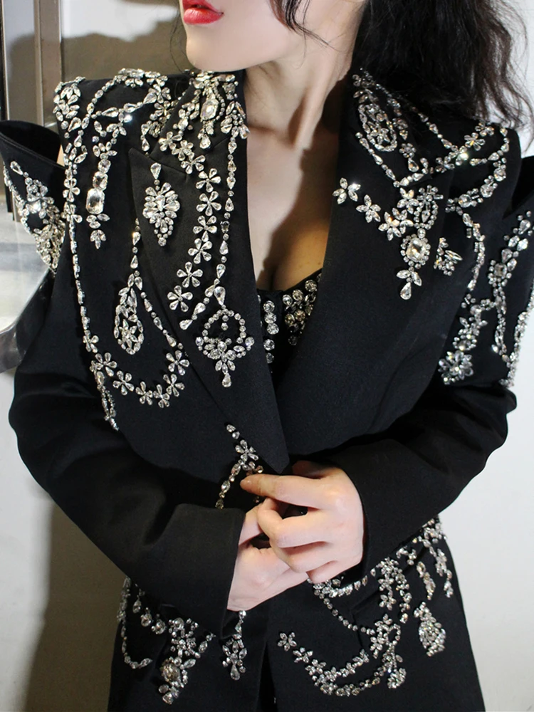 VGH ажурные лоскутные блейзеры с бриллиантами для женщин зубчатым воротником и