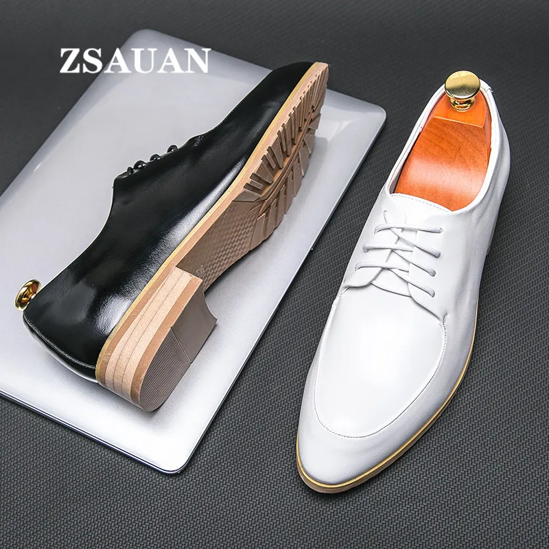

ZSAUAN Italian White Men Dress Shoes Formal Plus Size Split Joint Wood Heel Men Business Shoes Pointy Designer Shoes Elegant