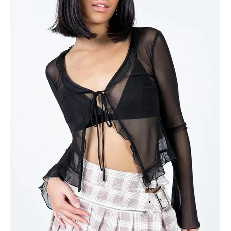 

2000s Blouse y2k Aesthetic See Through Lace Up Bandage Long Sleeve Shirt Women Grunge Fairycore Mesh Tops Clothes Streetwear