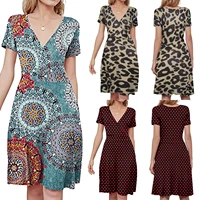 summer new womens v neck printed short sleeved leopard print dress fashion casual commuting dresses female lady
