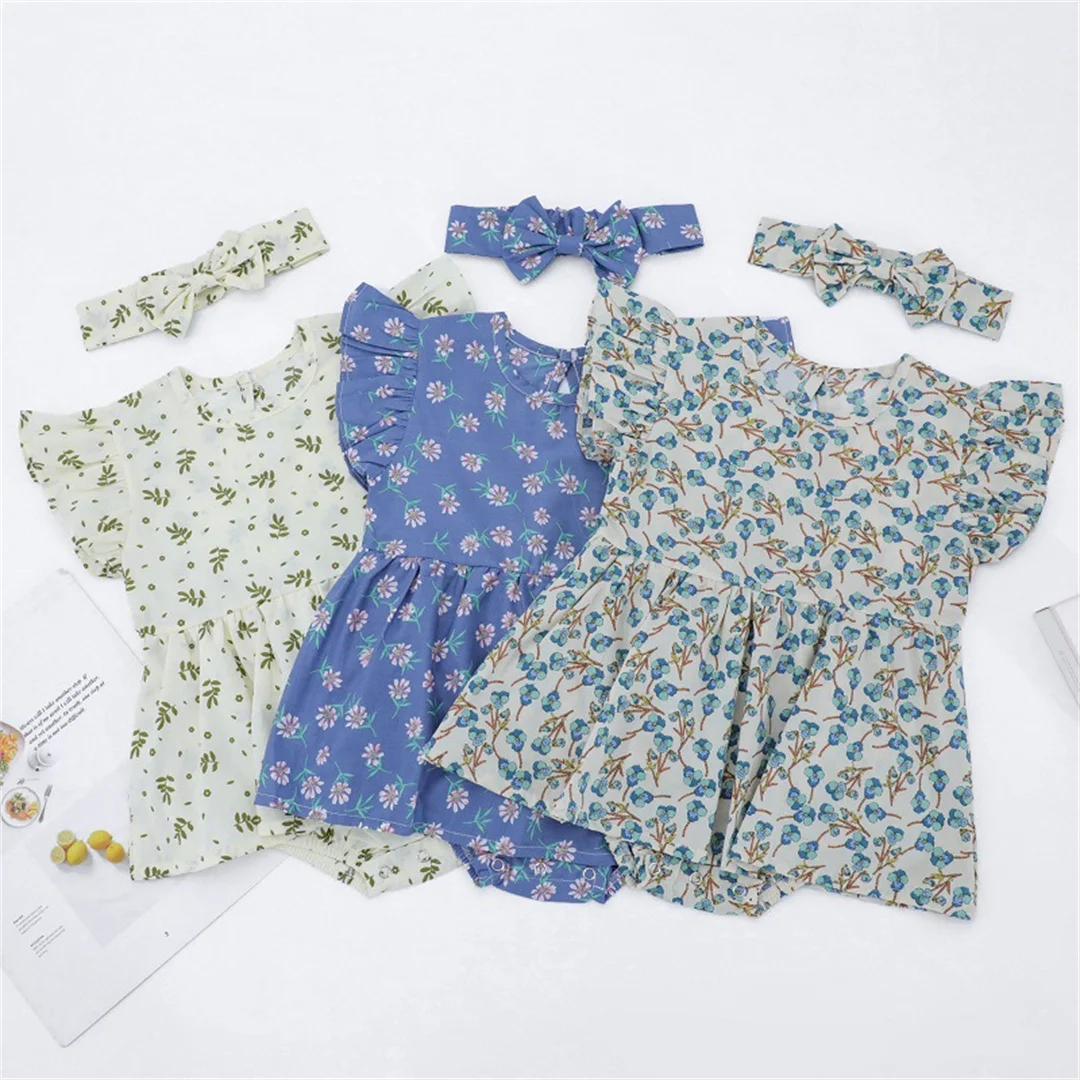 

New Infant Toddler Newborn Baby Girls Small Flower Printed Sleeveless Bodysuit Jumpsuit Casual Clothes Headband 2Pcs Outfits