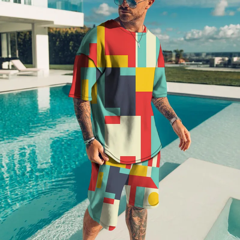 

2022 New Summer Men's Short Sleeve T-Shirts Man Oversized Tshirt Shorts 2 Piece Sets Streetwear Lattice Tracksuit Clothes Suits