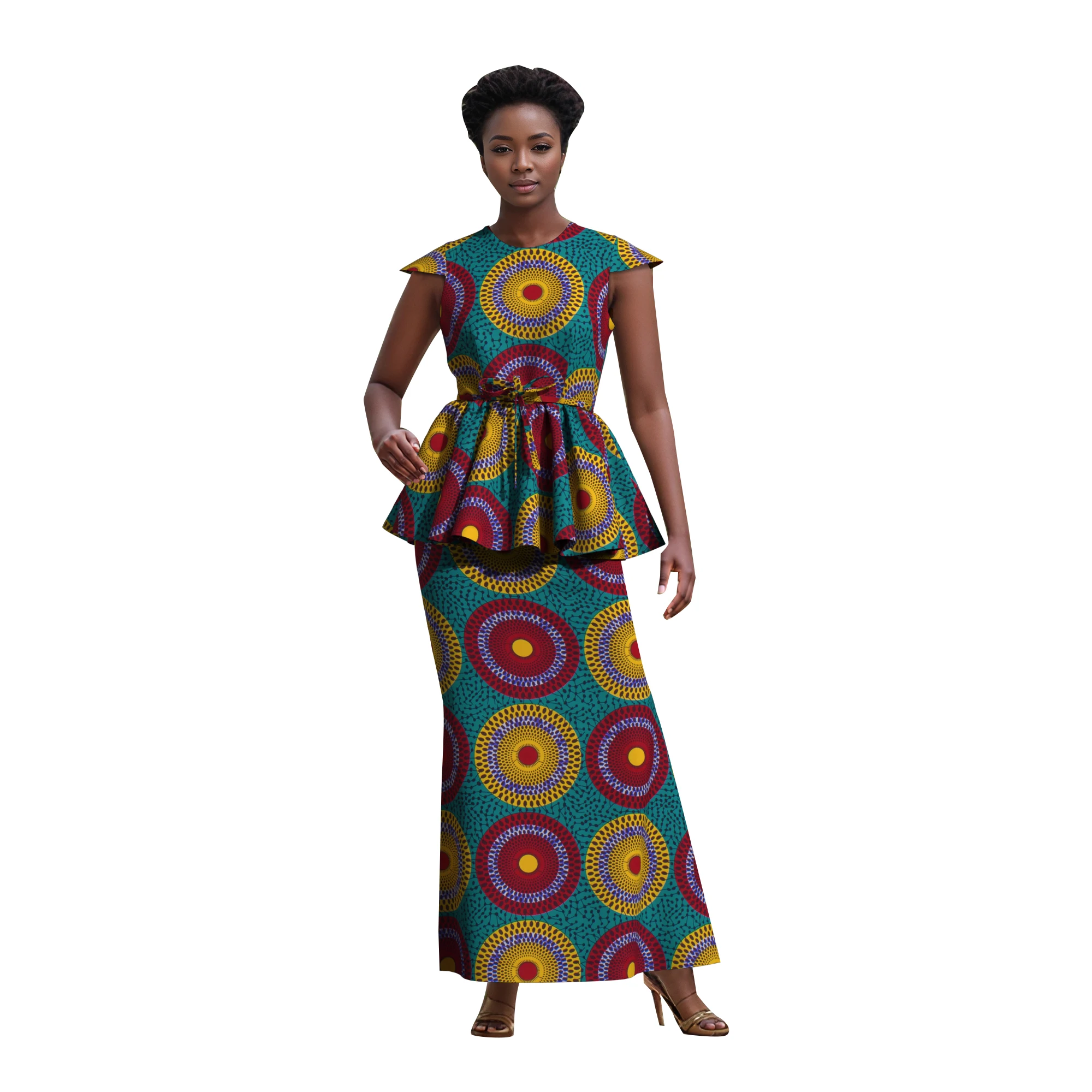 Фото Костюм BintaRealWax Kente Geometric Africa из двух предметов: топ с рукавами-крылышками и завязками на талии, пэплум-топ, макси-юбка, женский деловой костюм WY10558 №3