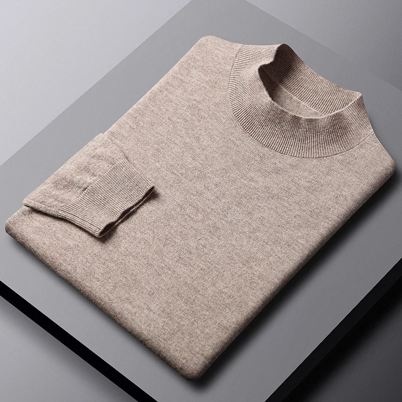 Men's Sweater 100% Wool 2022 Autumn and Winter New Medium Collar Solid Color Long Sleeve Warmth Pullovers Male Tops