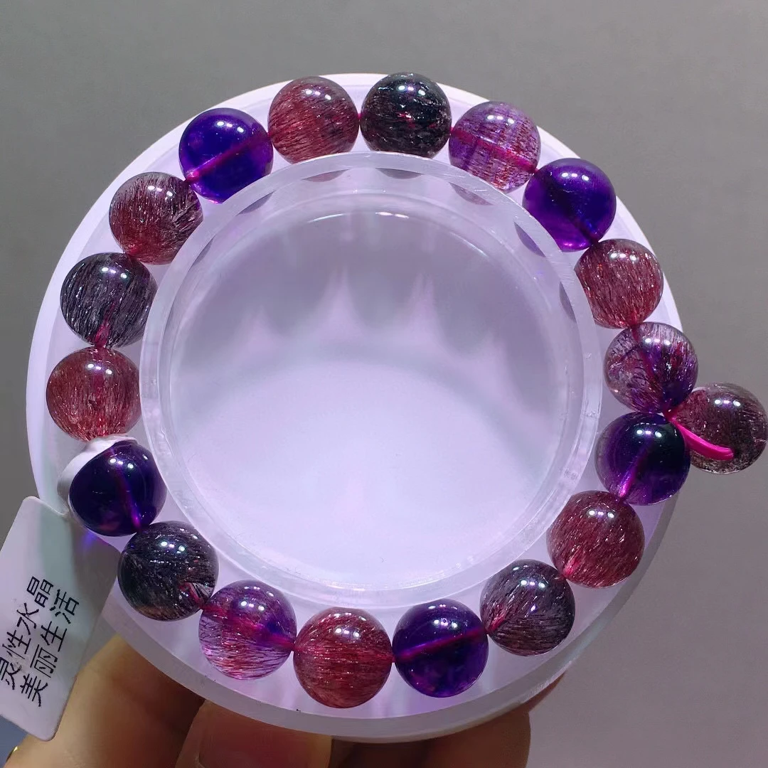 

Natural Purple Super Seven 7 Red Lepidocrocite Quartz Bracelet 10.6mm Rutilated Clear Round Beads Women Men AAAAAA