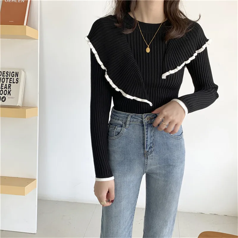 

New Sweaters HziriP Korean OL Stitching Thick Slim Knitted Basic Flounced Tops Sweater Knit Pullover Style Bottoming Warm Botto