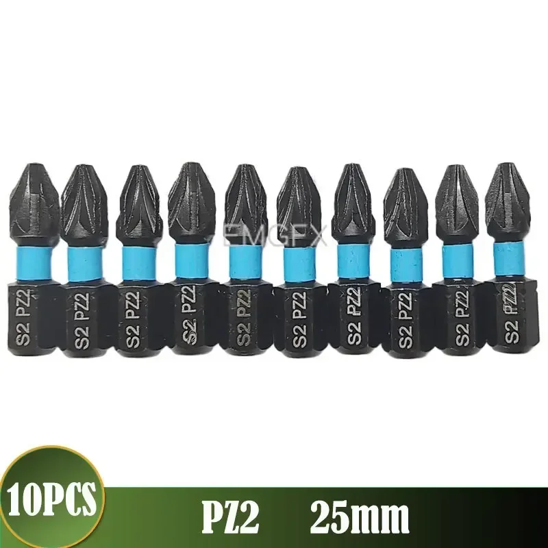 

10 шт., 25 мм PZ1/PZ2/PZ3 S2, прецизионные отвертки из легированной стали, набор бит для дрели, ударная отвертка, магнит с шестигранным хвостовиком