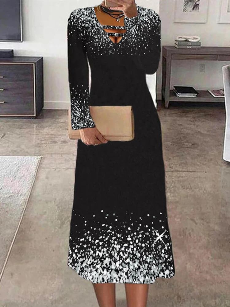 

2022 Autumn New Vintage Printed Maxi Dress Fashion Chic Hollow Out V-Neck Party Dresses Casual Women Long Sleeve Pullover Dress