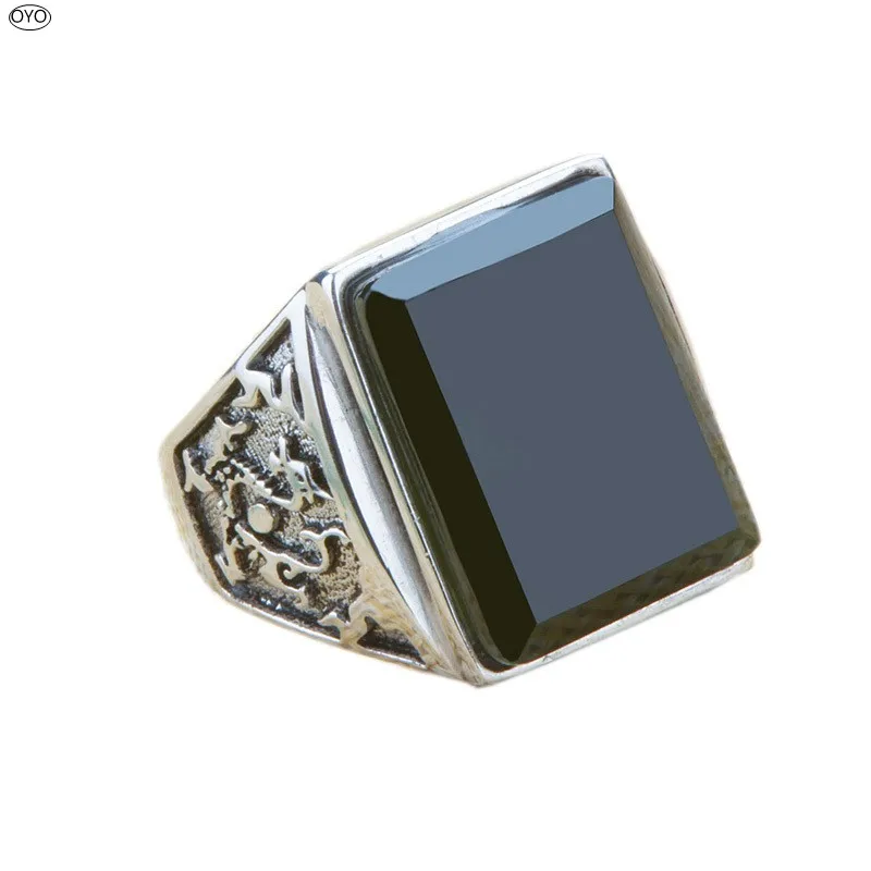 

100%925 sterling silver inlaid Black Sapphire retro dragon pattern domineering men's ring