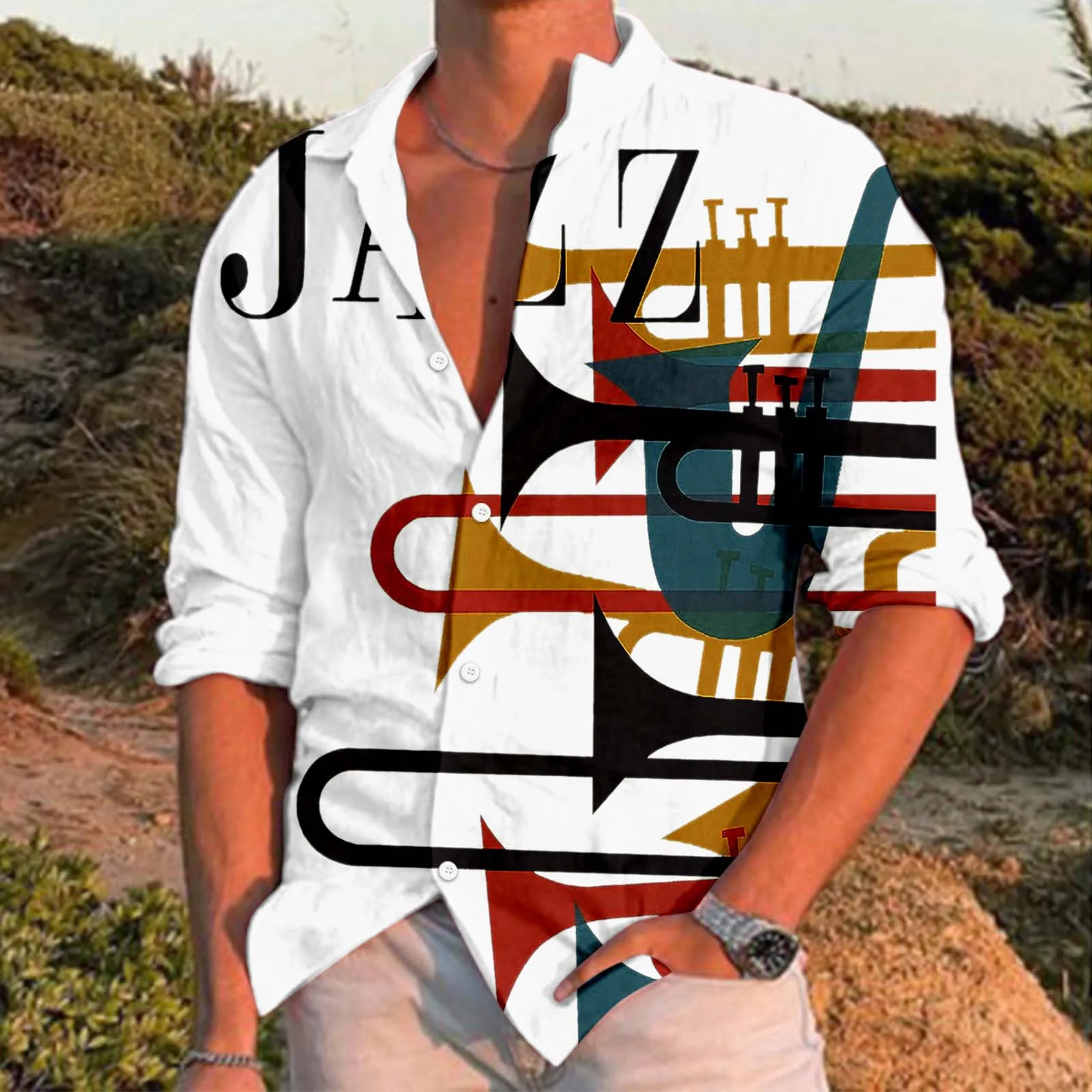 

Male Casual Music Print Shirt Long Sleeve Turn Down Collar Shirt Designer Shirts Men