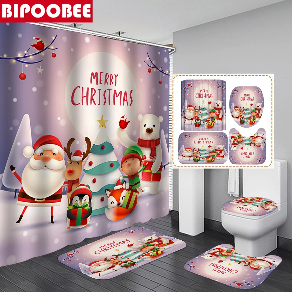 

Merry Christmas Shower Curtain 3D Santa Claus Toilet Lid Cover Snowman Penguin Elk Print Bath Mats Rugs Xmas Bathroom Curtains