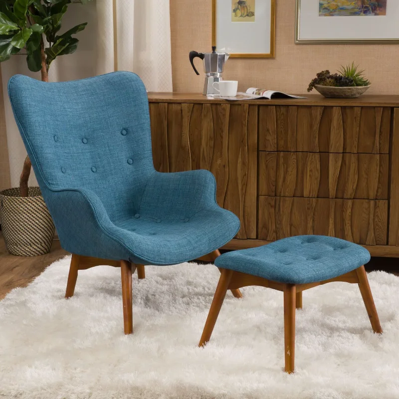 

Bellamy Studios Henley Mid-Century Modern Wingback Fabric Chair and Ottoman Set, Muted Blue and Brown