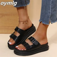 2022 summer new large size outer wear thick bottom solid color metal belt buckle open toe casual sandals and slippers for women