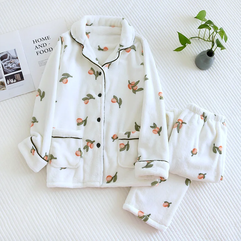 Lisacmvpnel Autumn And Winter Thickened Coral Velvet Pajamas Women's Flannel Velvet Suit Long Sleeved Cardigan Loose Pajama Set