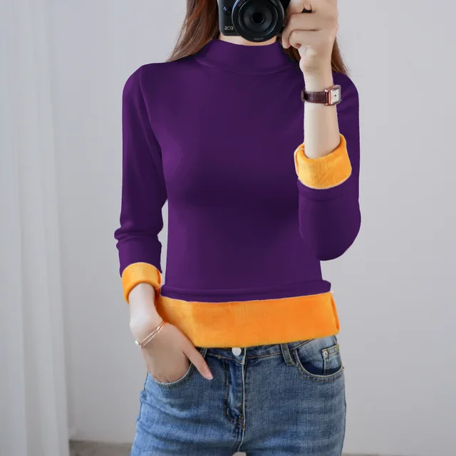 2022 new winter thermal underwear women's thick velvet one-piece tops wear autumn clothes mid-high collar bottoming shirt