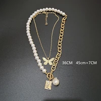 2022 new korean jewelry retro punk style copper snake chains baroque pearl portrait square necklace womens set chain