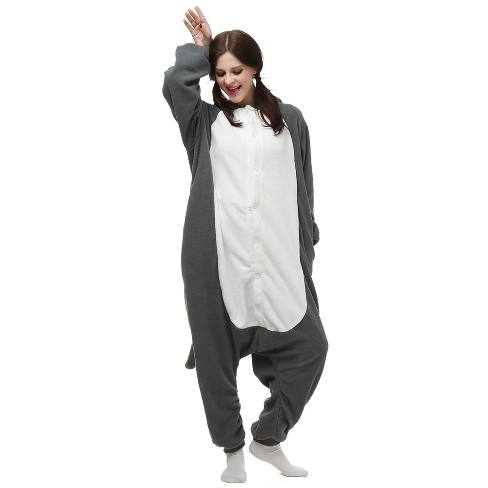 Young Women Winter One-Piece Grey Animal Cartoon Pajamas With Big Tusks And A Tail Polyester Warm Comfortable Sleepwear Cosplay