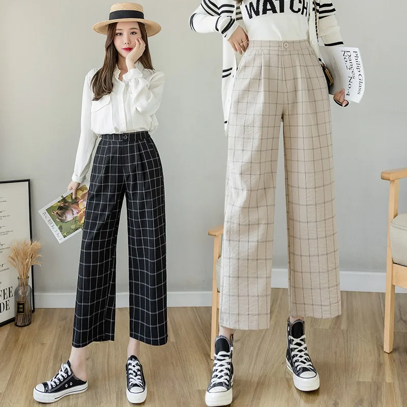 Cotton Linen Wide Leg Spring And Summer Fashion All-match Plaid Pattern High Waist Loose Straight Linen Ninth Casual Pants