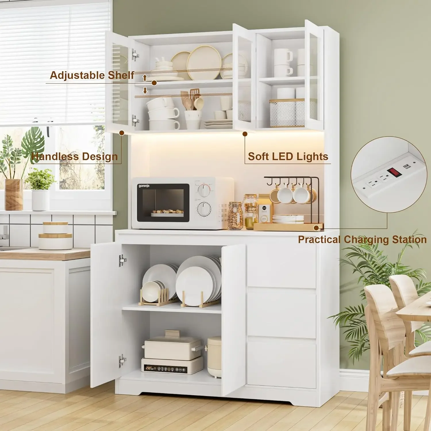 Высокий кухонный буфетный шкаф 71 дюйма с фотовспышкой и зарядной станцией