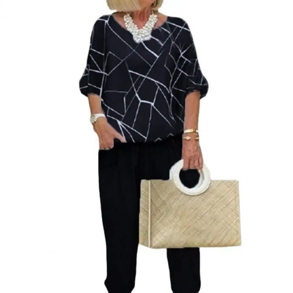 

Two Piece Sets Womens Outifits Women Tops Pants Set O Neck Half Sleeves Contrast Colors Geometric Print Summer Top Pants Set