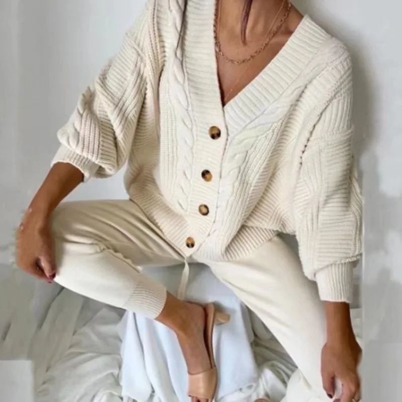 

Женский вязаный костюм из двух предметов, однобортный свитер с V-образным вырезом, кардиган и брюки из пеньковой ткани, женский зимний компл...