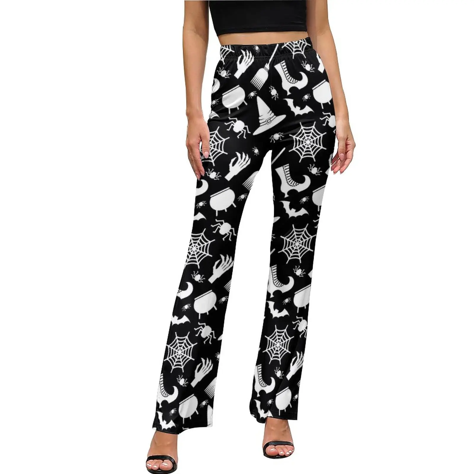 

Spooky Halloween Pants High Waisted Witchcraft Print Aesthetic Flared Pants Summer Casual Pattern Big Size Trousers