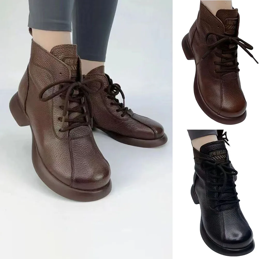 

Winter Warm Snow Boots Women's Round Toe Boots Thick Sole Leather Boots Non-Slip Wear-Resistance Lace-up Low Heel Shoes 2022