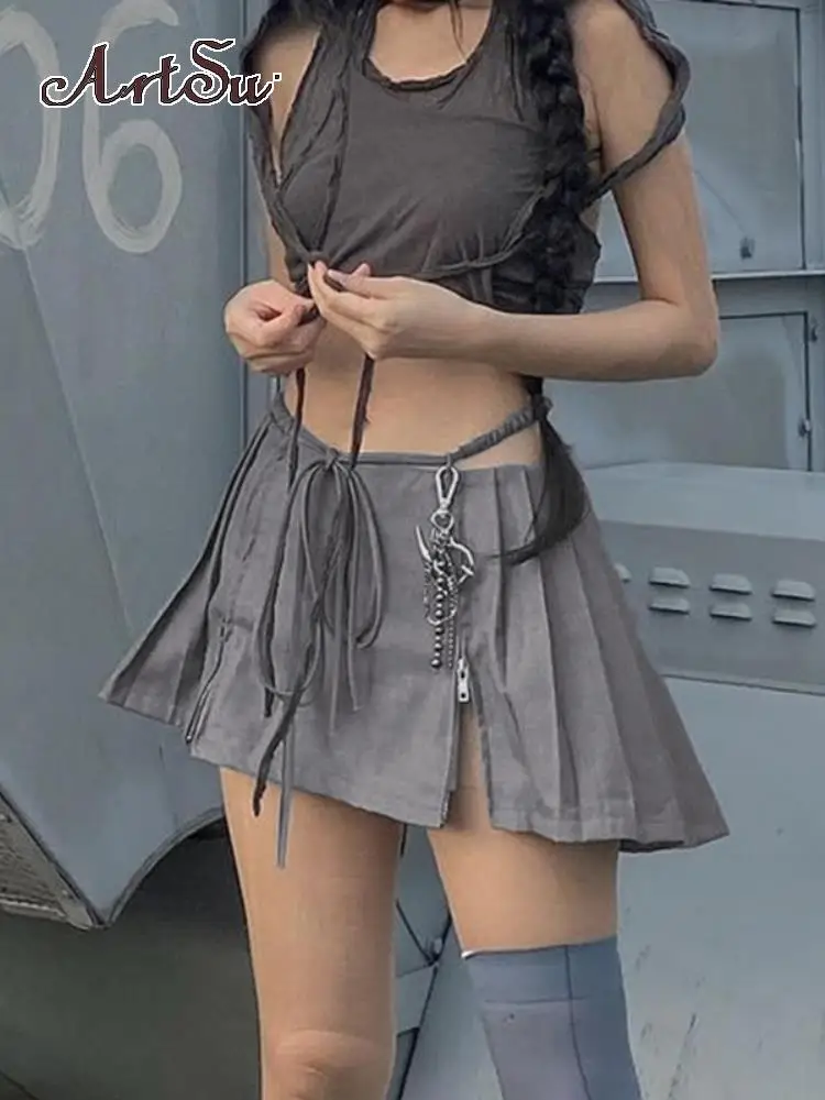 

Artsu Gray Solid Mini Pleated Skirts Womens Hollow Out Low Waist Bandage Streetwear Zip Split Chic Casual A Line Skirt Summer