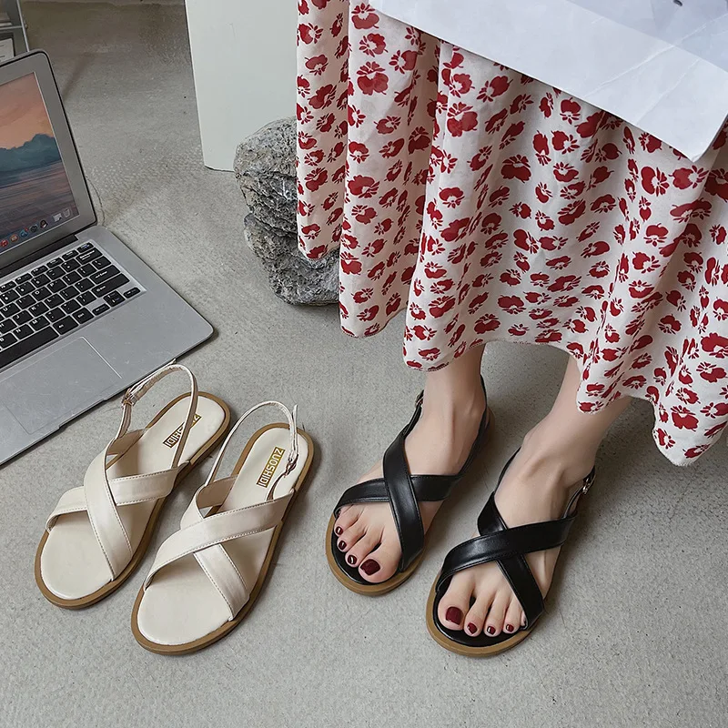 

Sandals Women's 2022 Summer Korean Version Solid Color Flat Sandals Round Toe Open Toe Retro Daily Two-wear Women's Shoes