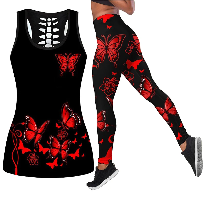 Butterfly Flower Hollow 3D Print Sleeveless Shirt Summer Vest for Women Pants Yoga Tank Tops Leggings Suit Plus Size XS-8XL