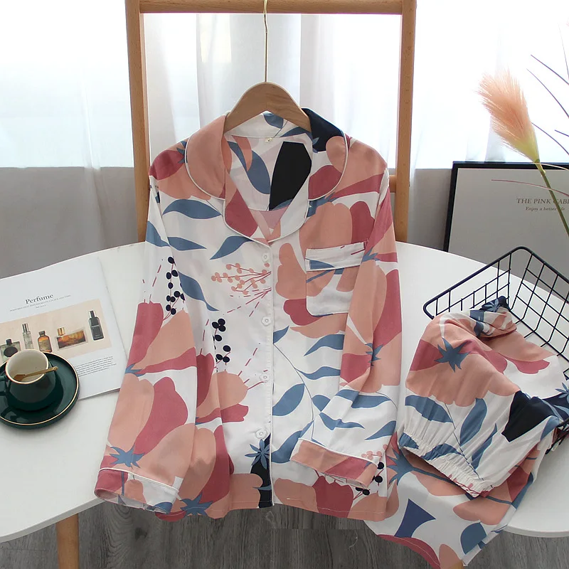 Pure Cotton Cotton Silk Viscose Pajamas Set Ladies Summer Long Sleeve Pants Sweet Homewear Two Piece Set Pyjama