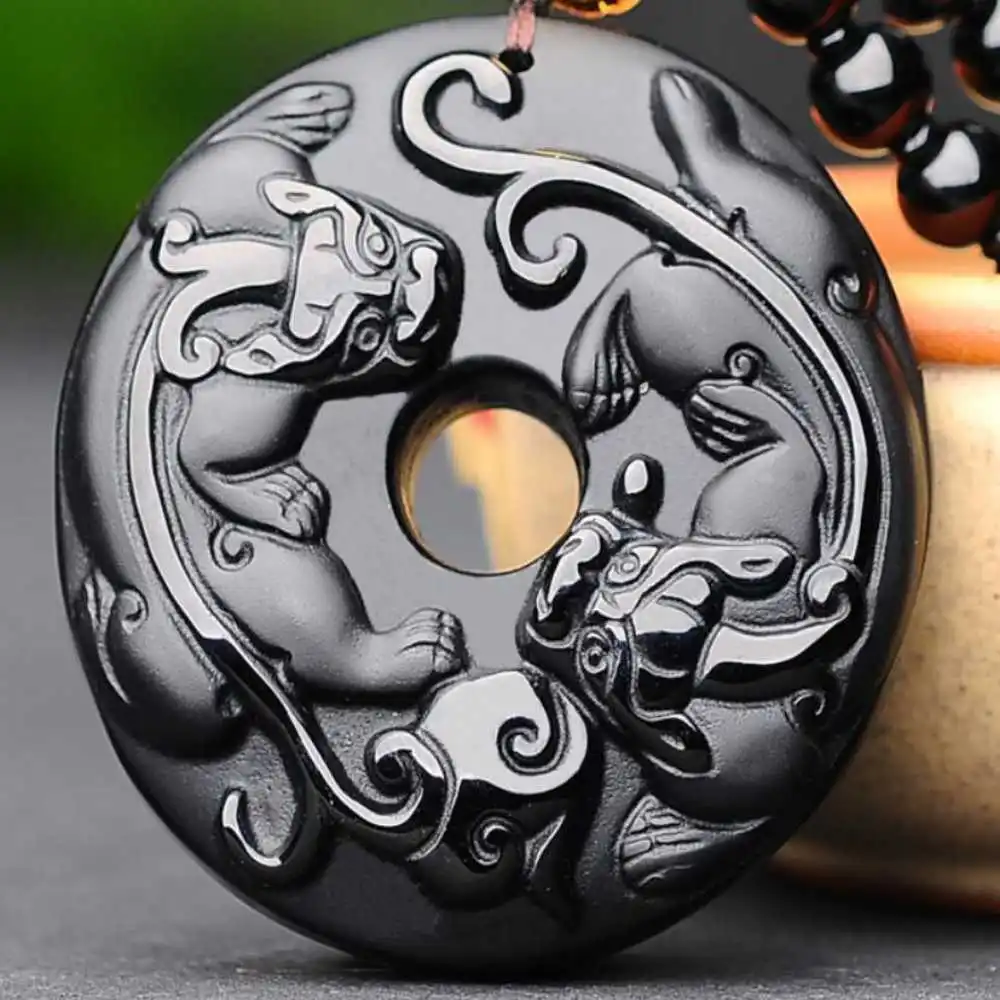 

Natural Obsidian Carved Pi Xiu Lucky Amulet Pendant Ring Heart Quartz Steel Charm Natural Clavicle Jewellery Tibetan Craft