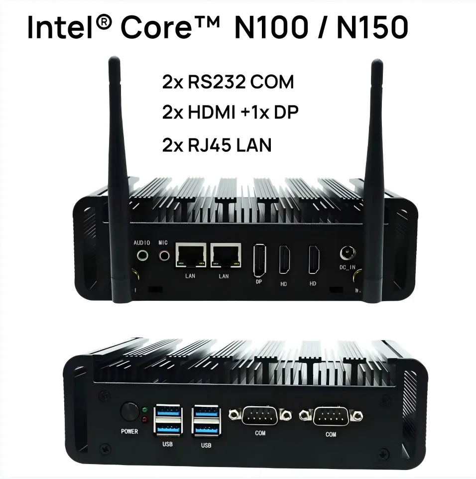 Фото Безвентиляторный мини-ПК для офиса Intel N150 N100 с 2xHD DP, поддержкой трех дисплеев, двумя LAN и 2xRS232 COM, промышленный мини-компьютер для цифровых вывесок №1