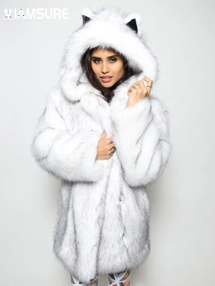 IAMSURE Warm Winter Clothes Outerwear Hooded Faux Fur Long Coats Women Cute Furry Long Sleeve Thicken Parka 2022 Fashion Ladies