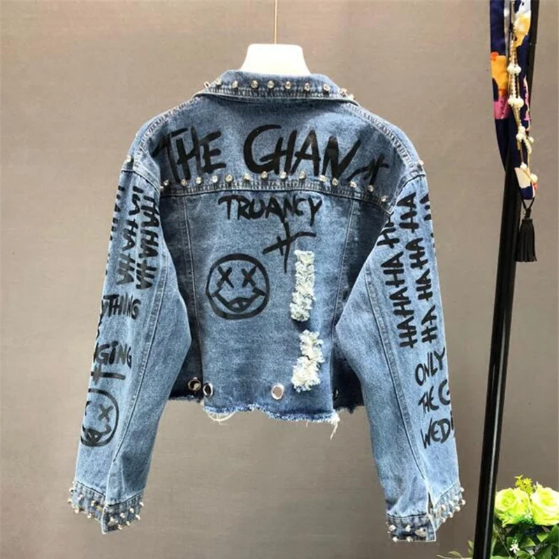 

Autumn Spring New Beading Diamond Graffiti Printed Short Design Denim Jacket Coat Casual Women Cowboy Jeans Coats Outerwear